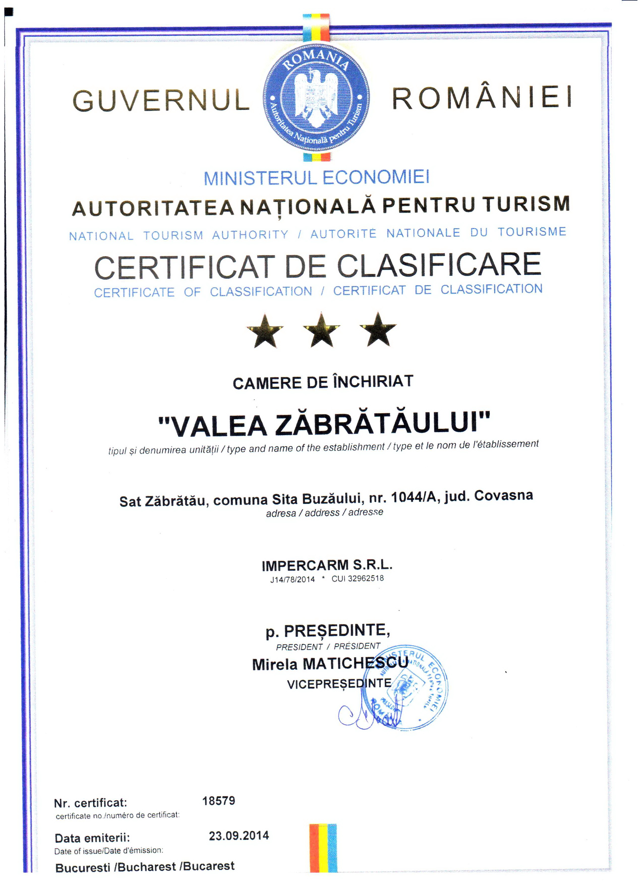 Certificat de clasificare turistica